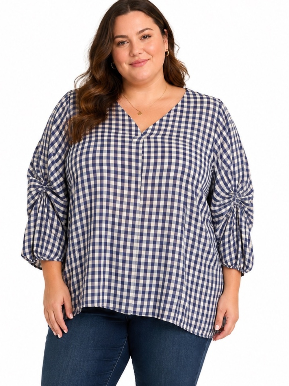 Weekend Suzanne Betro Blue White Gingham Ruched Sleeve Blouse Plus Size 3X